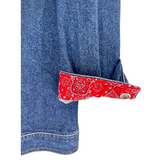 Denim Jean Jacket M Red Paisley Cuffs Button Front 100% Cotton Western Retro - Picture 10 of 14